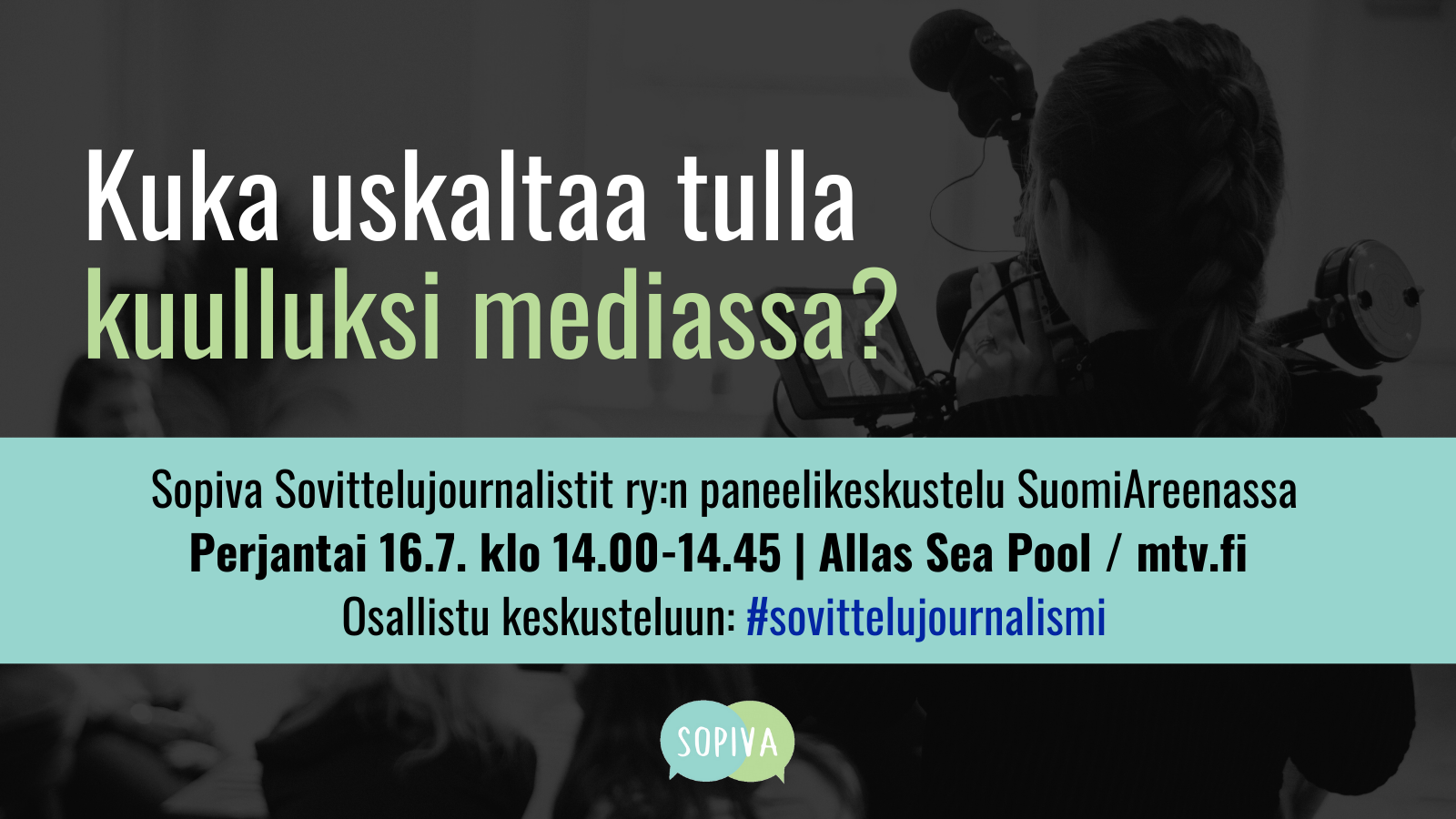 Tapahtuman mainoskuva, jossa tärkeimmät tiedot tapahtumasta. Taustakuvassa nainen kameran kanssa.